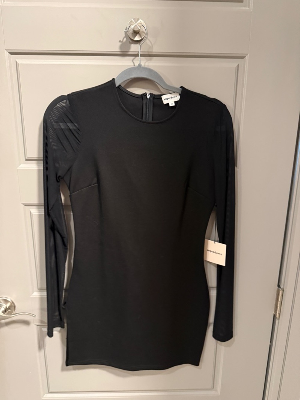 Black Long-Sleeve Sheer Panel Mini Dress
